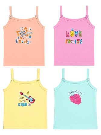 DYCA by Bodycare Girls Cotton Camisole Vest Top – Soft Sleeveless Innerwear Undershirt for Kids, Everyday Comfort,Pack of 4,Print & Color May Very